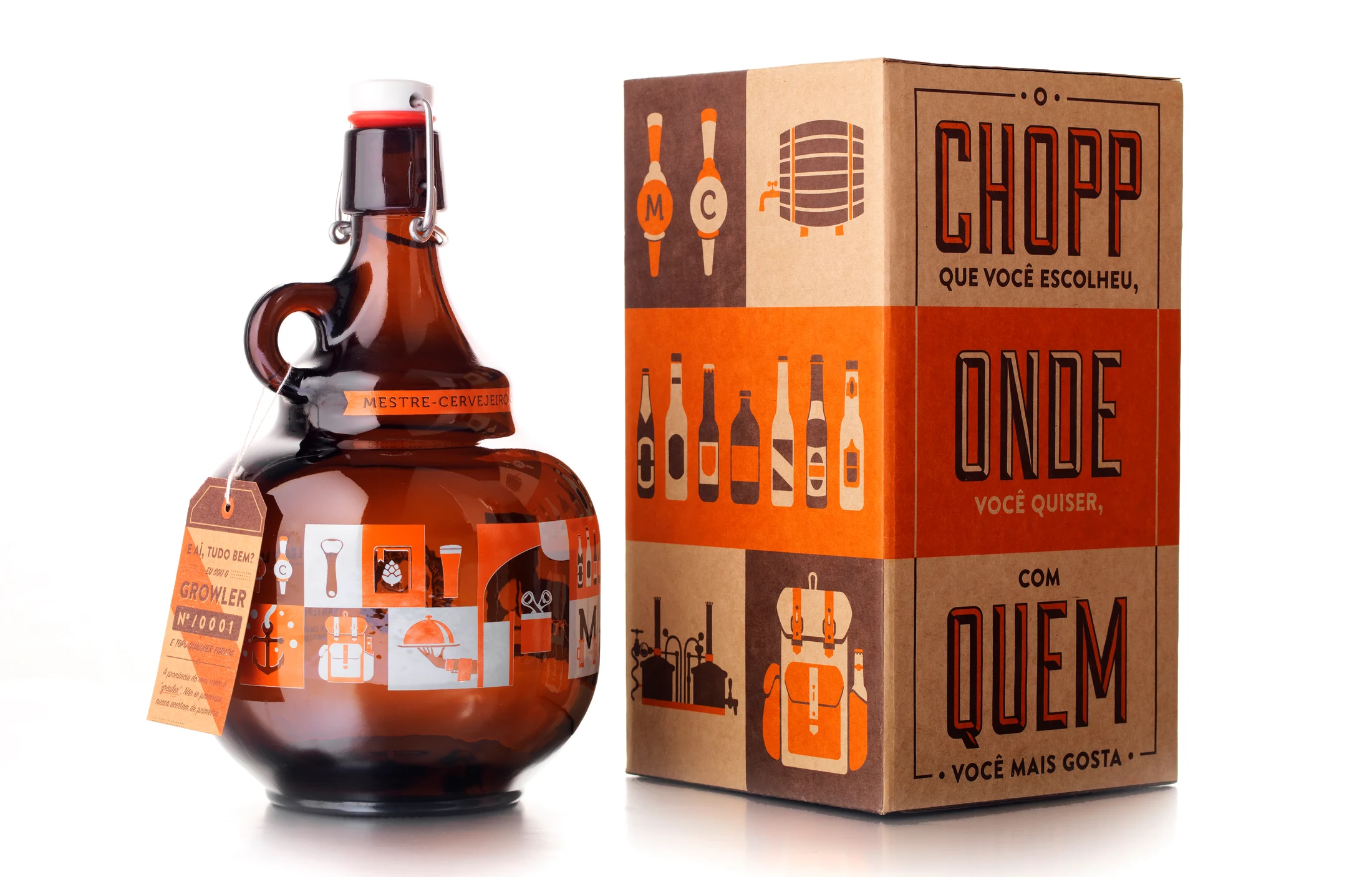 Growler de vidro e embalagem estampada Mestre-Cervejeiro.com.